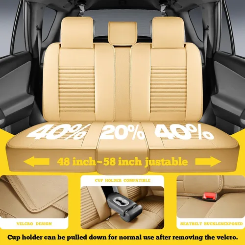 Vista 5 de LINGVIDO - Fundas de piel sintética con respaldo para asiento de automóvil, transpirables, impermeables, universal y antideslizante, para SUV, Beige