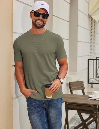 Vista 2 de COOFANDY Camiseta de manga corta para hombre, de mezcla de algodón, cuello redondo, informal, para verano, básica Verde militar
