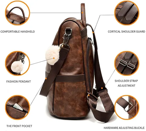 Vista 5 de Bolsa tipo mochila para mujer hecha de cuero sintético, con función antirrobo, informal y moderna, para llevar en los hombros