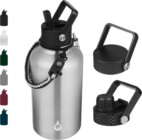 Vista 110 de BJPKPK - Botellas de agua aisladas con tapa de popote, botellas de agua de acero inoxidable de 40 onzas con 3 tapas, termo a prueba de fugas sin