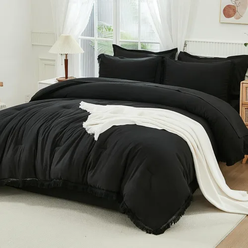 Vista 9 de Andency Juego de ropa de cama con edredón tamaño matrimonial beige con sábanas - 7 piezas, estilo bohemio con borlas, ropa de cama ligera en una 01