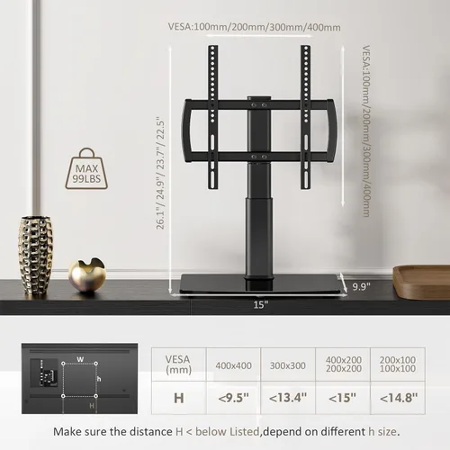 Vista 8 de Soporte universal giratorio/de mesa para TV de 27 a 60 pulgadas con giro de 80 grados, base de vidrio templado resistente de 4 niveles de altura