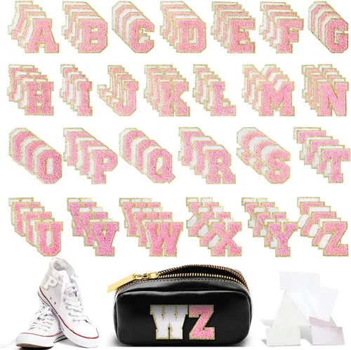 Vista 12 de 156 parches de letras de chenilla autoadhesivas, 6 parches de trébol pedregoso de la A a la Z, parches de letras de felpilla para bricolaje, bolsas