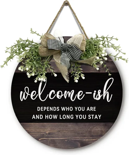 Vista 35 de Bless This Home - Letrero de puerta delantera con corona de bienvenida de granja, letrero redondo de madera con lazo verde para colgar en la pared