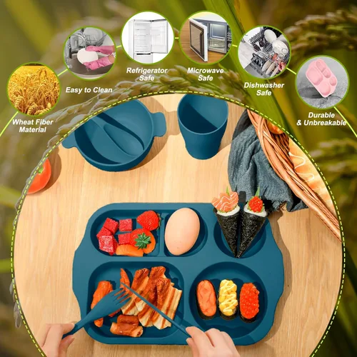 Vista 3 de Tanlade Juego de 24 cubiertos de paja de trigo, platos divididos, platos irrompibles, aptos para microondas, lavavajillas, cubiertos, cuchara, verde