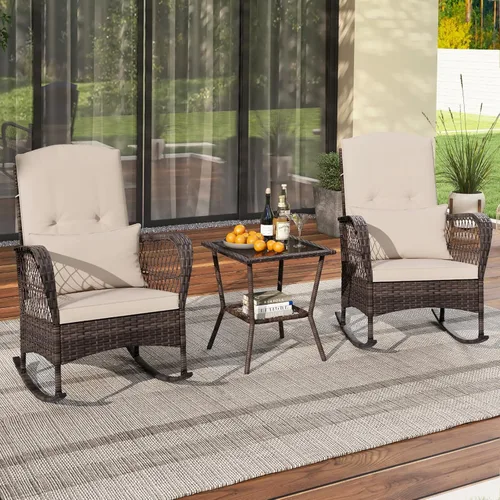 Vista 9 de ORALNER Juego de 3 mecedoras de mimbre para muebles de patio, sillas mecedoras para exteriores con cojines, almohadas, mesa de centro de cristal