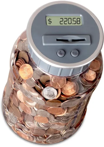 M&R Contador de monedas digital Pilas incluidas! Frasco personal para contar monedas/dinero, sume sus ahorros - funciona con todas las monedas