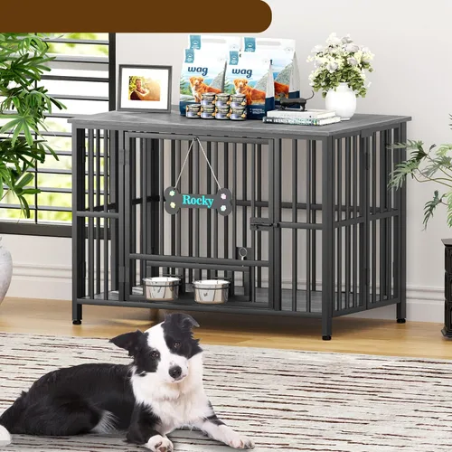Vista 7 de Easycom 104 cm mueble de jaula para perros plegable, sin ensamblaje perrera decorativa para interior, jaulas para perros grandes (15.9-27.2 kg)
