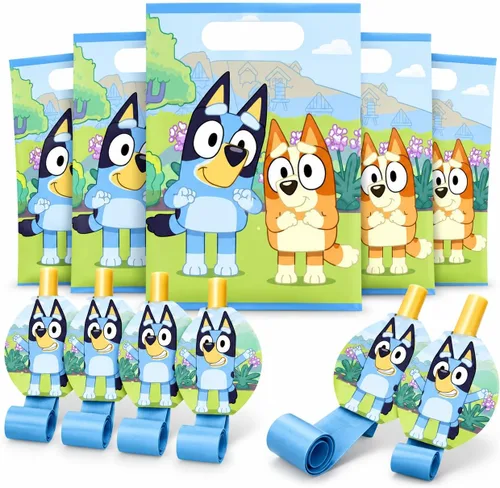 Recuerdos de fiesta Bluey - 16 invitados, bolsas de regalo, reventones, decoraciones de cumpleaños
