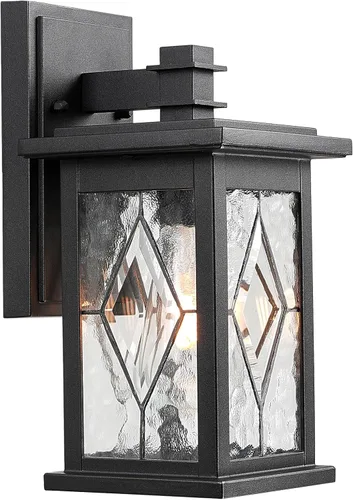 Aplique de pared al aire libre con ondas de agua negro mate, pantalla de vidrio hecha a mano, impermeable, luz de porche al aire libre, montaje en