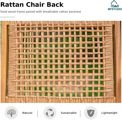 Vista 3 de MFSTUDIO Juego de 2 sillas de comedor de madera de acacia para exteriores, con asiento de ratán tejido hecho a mano y respaldo de ratán para jardín
