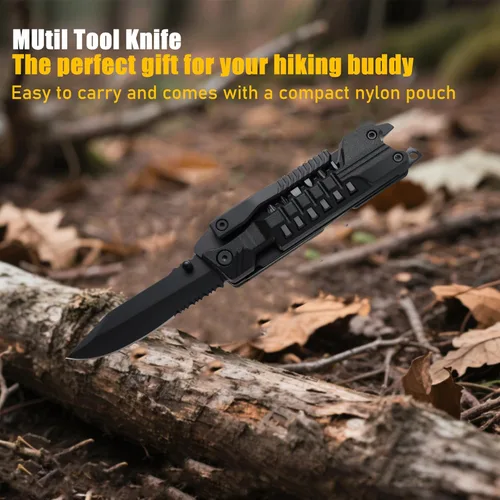 Vista 2 de Leopcito Cuchillo multiherramienta con bolsa de nailon, multiherramientas EDC 22 en 1 con palos de arranque de fuego, abridor de botellas, silbato