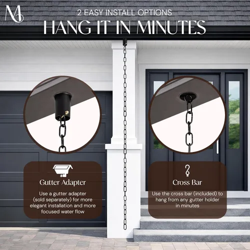 Vista 5 de Monarch Rain Chains Cadenas de lluvia negras de aluminio Trad Link para canaletas – Cadena de lluvia decorativa negra de 8.5 pies para exteriores
