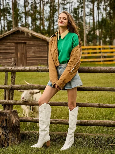 Vista 5 de Mostrin Botas vaqueras bordadas para mujer, botas vaqueras con punta puntiaguda, botas altas hasta la rodilla, tacón grueso, botas occidentales