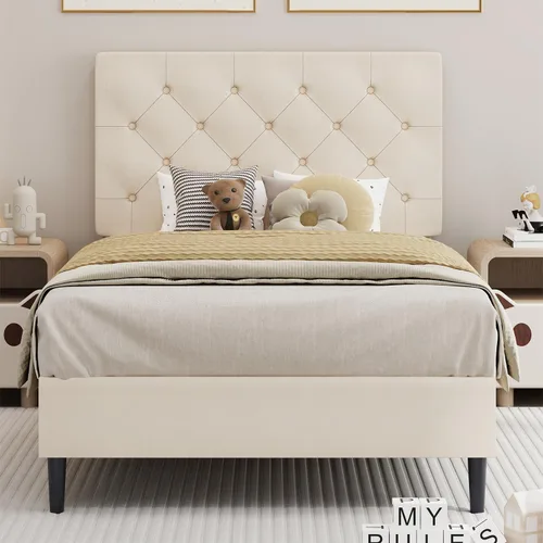 Vista 20 de BarnFurin Base de cama tamaño Queen, plataforma tapizada con cabecera capitoné con botones, marco de cama de tela con soporte de listones de madera