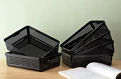 Vista 6 de Eslite Cesta de almacenamiento de plástico de tamaño A4, bandeja organizadora de cartas de papel de archivo, 6 paquetes (negro)