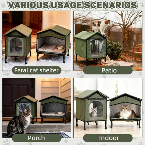 Vista 7 de Casa para gatos al aire libre con estación de alimentación para gatos, refugio elevado impermeable y aislado para mascotas, con puerta de solapa
