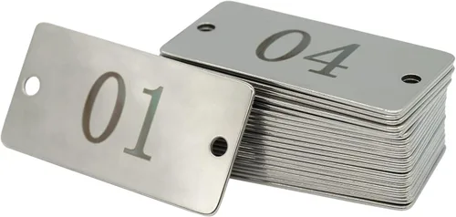 Vista 3 de StayMax Etiquetas numeradas rectangulares de acero inoxidable con dos agujeros de 1 pulgada x 2 pulgadas (1-25)
