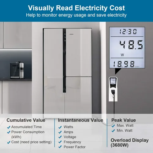 Vista 2 de SURAIELEC Medidor de Vatios, Medidor de Energía de Enchufe, Calculadora Automática de Costos, Pantalla Grande Retroiluminada, Protección Contra
