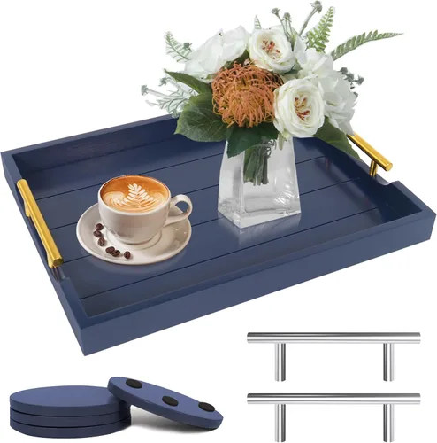 Vista 12 de SXNOWS Bandejas de mesa auxiliar, bandeja otomana grande para sala de estar, bandeja de madera para servir con 2 juegos de asas, bandeja de madera
