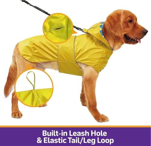 Vista 3 de Kimee - Impermeable reversible para perro, poncho protector de lluvia con capucha, chamarra impermeable ajustable con agujero para correa/tira