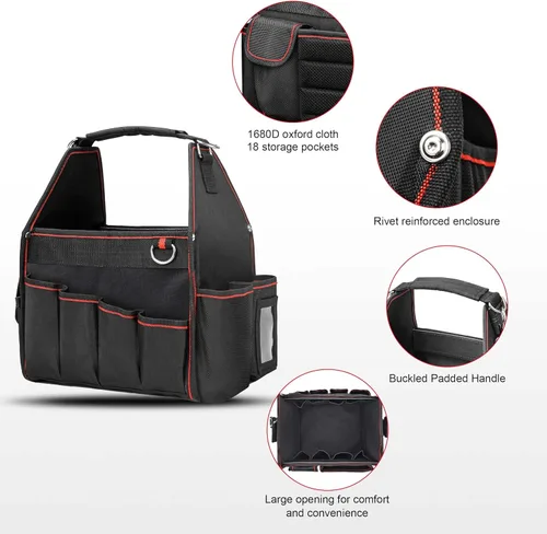 Vista 2 de Bolsa de herramientas Hautmec Tool Tote Pro para electricista, bolsa de herramientas de 18 bolsillos, parte superior abierta, con correa de hombro