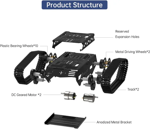 Vista 3 de Chasis de automóvil tanque con motor de engranaje de CC, chasis robot absorbente de golpes, plataforma móvil robótica de metal completo para Arduino