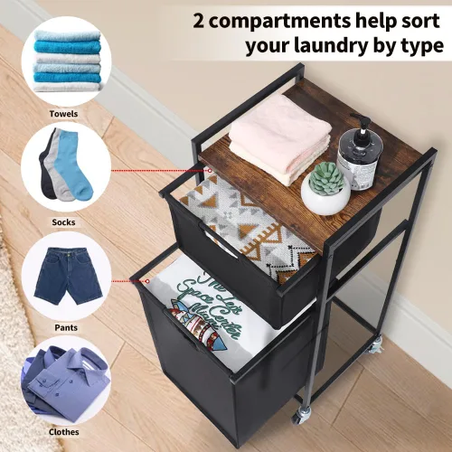 Vista 5 de LUCKUP Cesta de lavandería con estante, clasificador de ropa sucia de 2 secciones con bolsas extraíbles, carrito de lavandería con ruedas de mesa