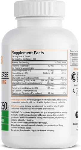 Vista 21 de Bronson Complejo de vitamina B Super B de liberación lenta sostenida (vitamina B1, B2, B3, B6, B9 - ácido fólico, B12) contiene todas las vitaminas