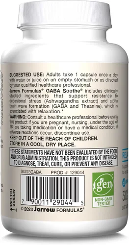 Vista 9 de Jarrow Formulas GABA Soothe, suplemento dietético de 3 ingredientes para relajación y estrés ocasional, 30 cápsulas vegetales, suministro para 30