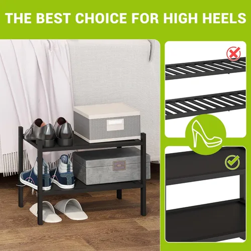 Vista 3 de BMOSU - Estante de zapatos pequeño de bambú de 2 niveles premium, organizador de almacenamiento apilable para pasillo, armario, sala de estar y Negro