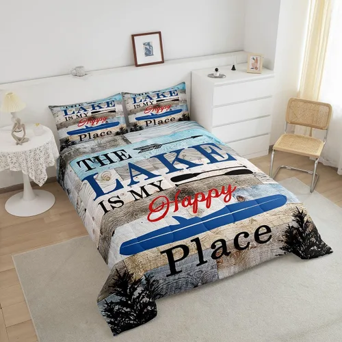 Vista 3 de Manfei Juego de edredón con temática de lago, tamaño individual, juego de ropa de cama rústica de 2 piezas para niños, adolescentes, decoración