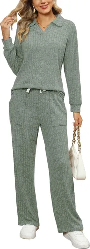 Vista 2 de WIHOLL Conjunto de 2 piezas para mujer, ropa de descanso, pantalones de pierna ancha, cuello en V, conjunto de pijama a juego
