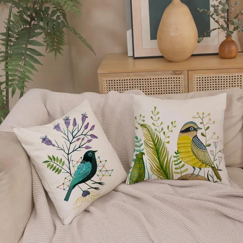 Vista 8 de Juego de 4 fundas de cojín decorativas con diseño de pájaros estilo primavera, funda para cojín decorativo, funda para cojín de exterior con flores