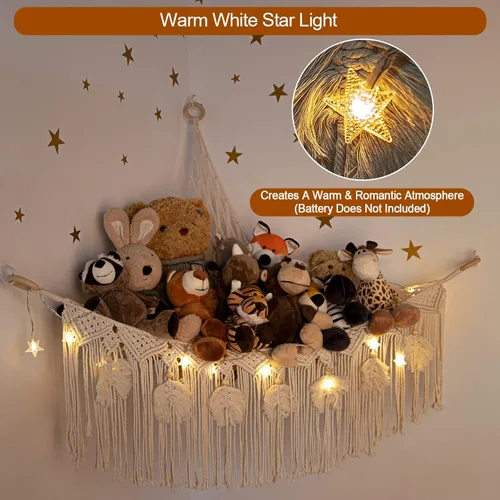 Vista 3 de ANROYE Hamaca de Red de Juguetes de Animales de Peluche de Macramé con Luz de Estrella, Almacenamiento Boho de Peluches Pequeños para Guardería