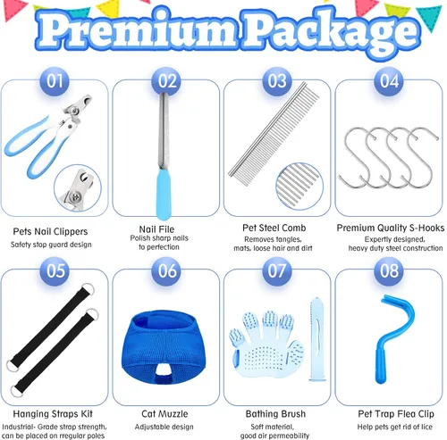 Vista 7 de Ferraycle Hamaca de aseo para mascotas 14 en 1 para perros y gatos, eslinga de aseo de perros, kit de recortar uñas de gato, bolsa de sujeción
