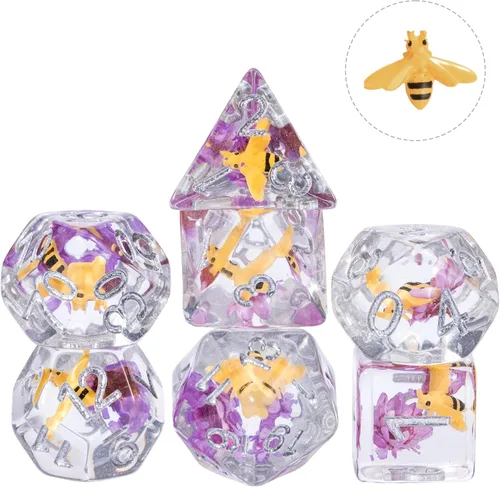 Vista 2 de Cusdie 7 dados DND, juego de dados poliédricos rellenos de animales, para juegos de rol D&D (flor púrpura abeja)