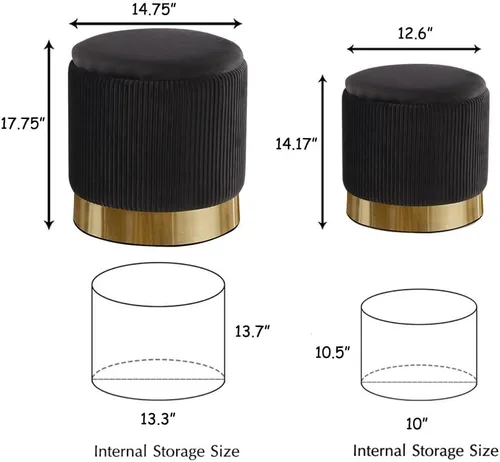 Vista 2 de Otomana redonda con almacenamiento, juego de 2 otomanas de terciopelo negro para sala de estar y dormitorio