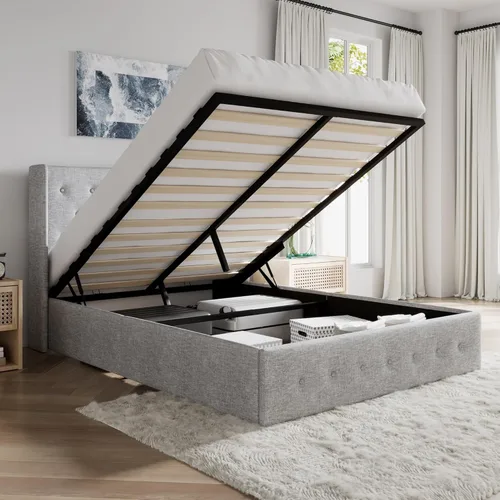 Vista 15 de SHA CERLIN Marco de cama tamaño queen con almacenamiento abatible, cabecero acolchado con botones, plataforma tapizada, almacenamiento hidráulico