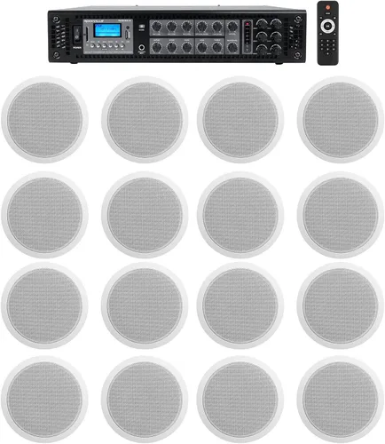 Paquete Rockville CCL6T: (16) Altavoces de techo comerciales de 70V de 6 pulgadas, blanco, RCS180-6 Amplificador comercial Bluetooth de 70V de 180
