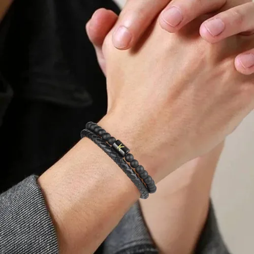 Vista 4 de Layered Leather Beads Initial Bracelets for Men, Braided Leather Natural Stone Bracelets for Men with Magnetic Clasp Mens Leather Beaded Bracelets