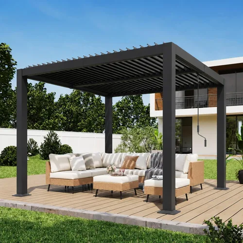 LAUSAINT HOME Pérgola con listones de 10 x 10 pies, pérgola para exteriores con techo ajustable y sistema de drenaje integrado, pérgola de metal