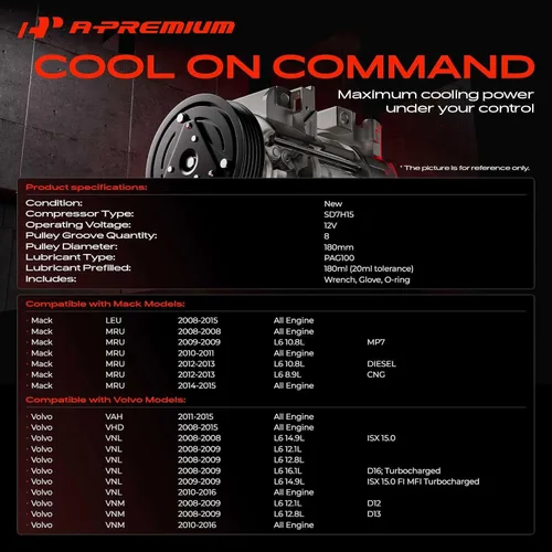 Vista 2 de A-Premium Compresor de aire acondicionado con embrague compatible con Volvo VAH 2011-2015, VHD 2008-2015, VNL 2008-2016, VNM 2008-2016 y Mack LEU