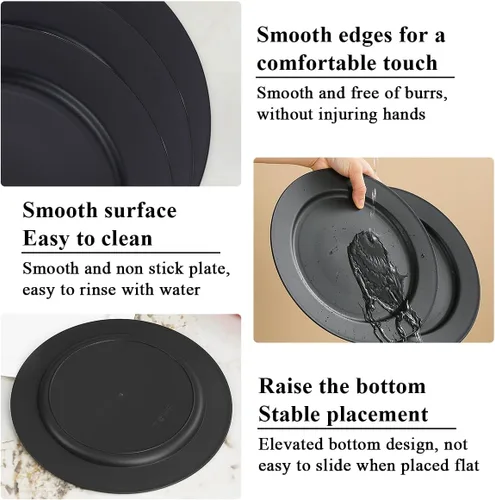 Vista 8 de Berglander Juego de 12 platos de plástico negro de 10 pulgadas, platos planos reutilizables e irrompibles, platos de ensalada, cuencos para pasta
