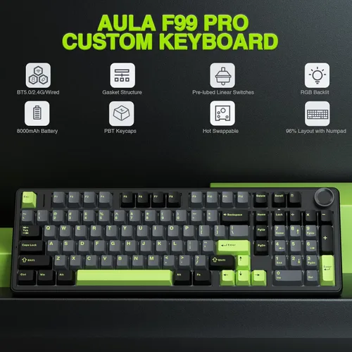Vista 2 de AULA Teclado mecánico inalámbrico F99 Pro con perilla, sonido cremoso, triple modo BT5.0USB-C2.4GHz teclado intercambiable en caliente, estructura