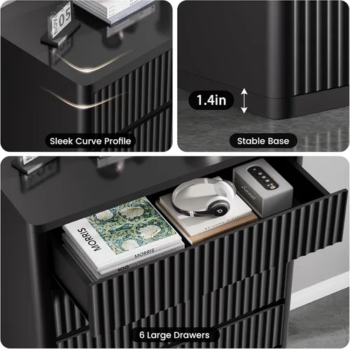 Vista 8 de Standifurno Cómoda negra de 56 pulgadas de alto para dormitorio, moderna acanalada con 6 cajones profundos, cómoda de madera con asas, perfiles