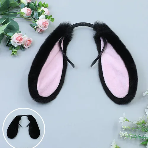 Vista 2 de Diadema peluda con orejas de conejo para mujer, accesorios de fiesta (LZTECE-negro)