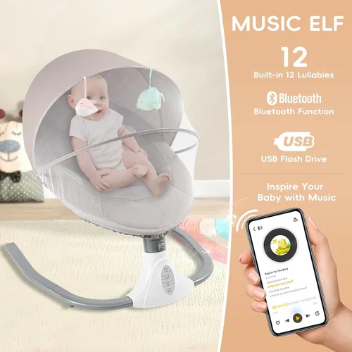 Vista 3 de TFCFL Columpios de bebé para bebés, silla columpio plegable para bebé, 4 velocidades con altavoz de música, red, juguetes colgantes, funda