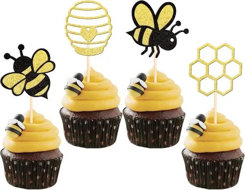 36 piezas de palillos decorativos para cupcakes de abejorros con corazones de purpurina y panal de abeja, decoraciones de pastel para baby shower