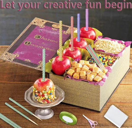 Vista 3 de Kits de palitos de manzana con 24 palitos de bambú de manzana de 6 pulgadas con diamantes de imitación de caramelo, 24 bolsas un par de tijeras un